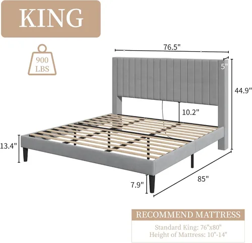 Vista 20 de Base de cama tamaño Queen tapizada en terciopelo con estación de carga, soporte de listones de madera, base de colchón, somier opcional, color blanco