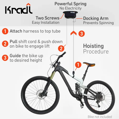 Vista 4 de Kradl - Soporte de techo para bicicleta con elevador y estante. Sistema de elevación para bicicletas sin electricidad, cuerdas o poleas incómodas.