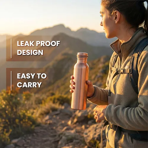 Vista 4 de 100% Real Copper Water Bottle Set of 2 (34 oz / 1 Liter Each), Hammered & Plain Finish Pure Copper Drinking Bottles with Leak Proof Lids, Durable