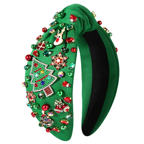 Vista 35 de NVENF Diadema con nudo superior ancho y perlas de cristal para mujer, accesorios para el cabello, regalos (árbol de Navidad grande 1)