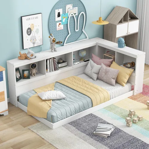 Vista 243 de Quarte Elegante cama de plataforma con estanterías en forma de L, cama de plataforma de madera tamaño individual con 2 cajones de almacenamiento