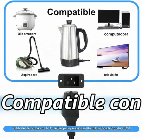 Vista 2 de Pieza de repuesto de cable de alimentación de 3 clavijas adecuada para cable percolador Farberware, cable eléctrico para olla a presión eléctrica