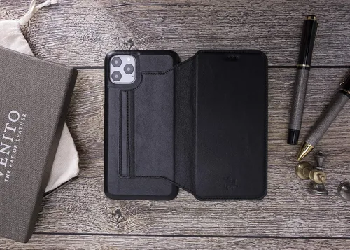 Vista 2 de Venito Venice - Funda delgada compatible con iPhone 11 Pro Max con soporte, cartera, cierre automático y bloqueo RFID (negro rústico)