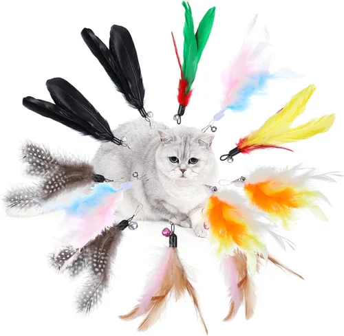 Kifmurase 12 piezas de repuesto de juguetes de plumas para gatos, varita de plumas para gatos con campanas, reemplazo de plumas interactivas para