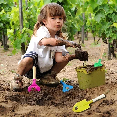 Vista 5 de Juego de herramientas de jardinería para niños, 5 herramientas de jardinería para niños de metal con mango de madera resistente, herramientas