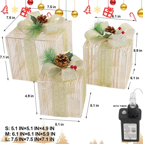 Vista 2 de Lulu Home Juego de 3 cajas de Navidad iluminadas, 60 luces LED con moños, cajas de Navidad enchufables para decoración de árboles de Navidad