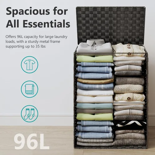 Vista 3 de Fiona's magic - Cesta plegable para ropa sucia con tapa, tejida a mano de 96 litros con bolsas de forro extraíbles, cesta alta plegable para Negro