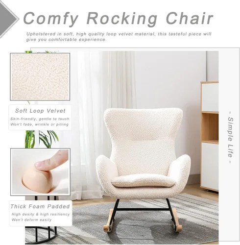 Vista 4 de Silla mecedora de tela de peluche, asiento acolchado con respaldo alto y reposabrazos, sillón acogedor, sofá individual, mecedora para sala
