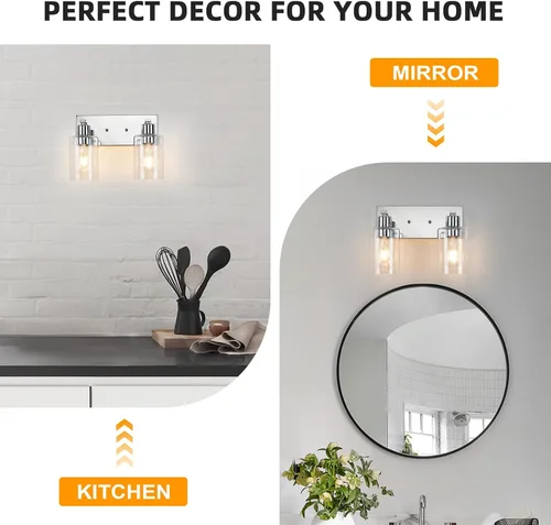 Vista 7 de 2 Luces de Iluminación para Baño, Accesorios de Iluminación de Tocador en Bronce Cepillado con Soporte de Vidrio Transparente de 33cm, Lámparas