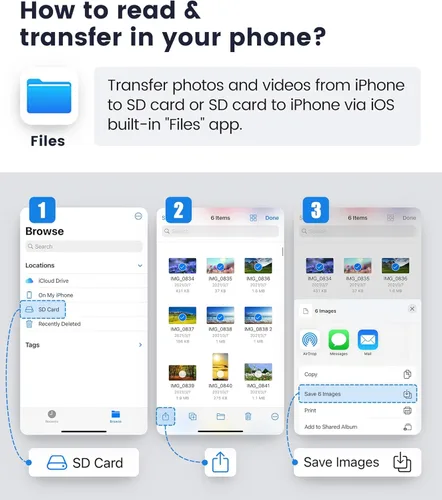 Vista 6 de Lector de tarjetas SD para iPhone iPad, Oyuiasle visor de tarjeta SD digital para cámara de vigilancia con ranura dual para MicroSD/SD, adaptador