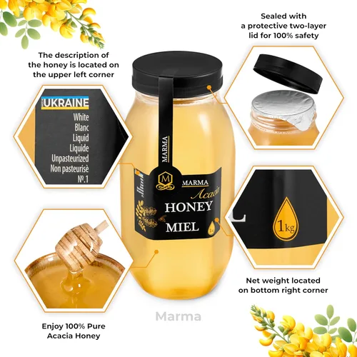 Vista 2 de HONIGMA® Miel de Acacia Marma Miel Cruda Auténtica de Ucrania 100% Pura y Sin Pasteurizar 1000g/35.2oz Puede Llegar Parcialmente