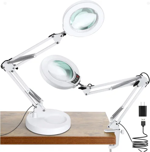 Vista 11 de Coyeth lupa de 10 aumentos con luz y abrazadera, lupa iluminada con soporte de vidrio real, lámpara de escritorio LED regulable sin escalones con 5