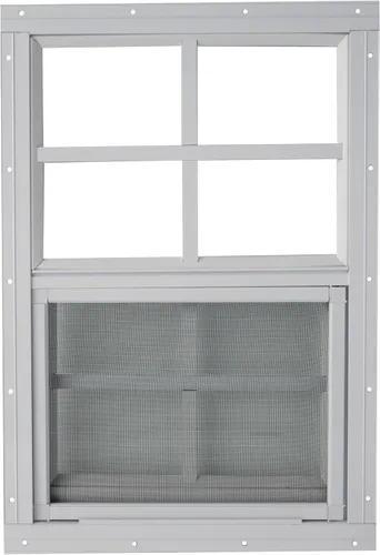 Ventana de cobertizo de 14 x 21 pulgadas, color blanco, deslizador vertical con vidrio templado y pantalla de insectos.