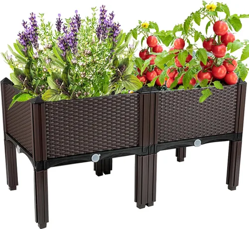 Vista 10 de Macetas elevadas de plástico para cama de jardín elevada con patas para plantas al aire libre, kits de caja con agujeros de drenaje para patio