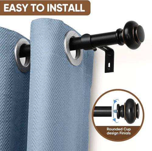 Vista 2 de SIMEWIN Barras de cortina negras para ventanas de 28 a 48 pulgadas, ajustables, decorativas, de 1 pulgada de diámetro, juego de cortineros Negro