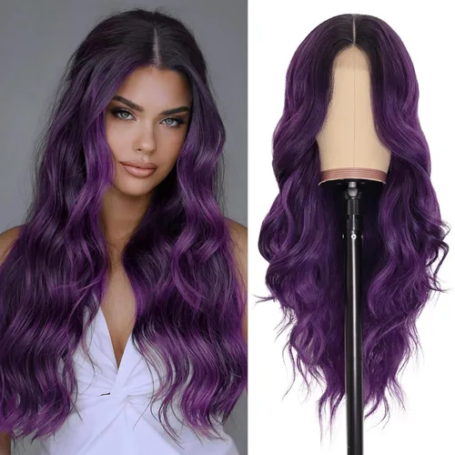 Vista 25 de NAYOO Pelucas marrones con flequillo para mujer, pelucas de cabello largo y ondulado, resistentes al calor, pelucas de fibra sintética para uso