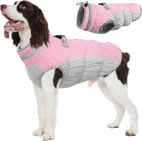 Vista 28 de FUAMEY - Abrigo para perro, chaqueta cálida de invierno, acolchada, de vellón, chaleco reflectante con arnés, chaqueta de nieve impermeable