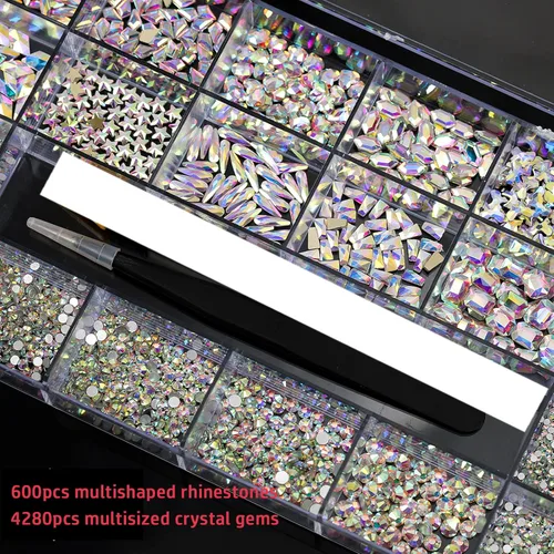 Vista 3 de Juego de 4880 piezas de diamantes de imitación de cristal de color, diamantes de imitación para uñas, cuentas redondas con parte trasera plana