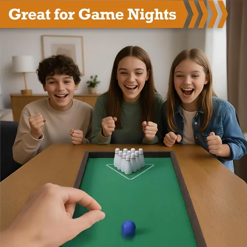 Vista 6 de Sterling Games Tabletop Bowling Combo Set, Wooden Arcade Board with Marbles and Pins, Indoor Table Top Game for Kids and Family