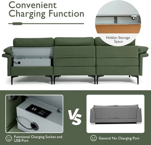 Vista 191 de Giantex Sofá modular de 3 asientos, 100.5 pulgadas de largo convertible con puerto USB y tomacorriente, cojín para reposabrazos, sofá modular