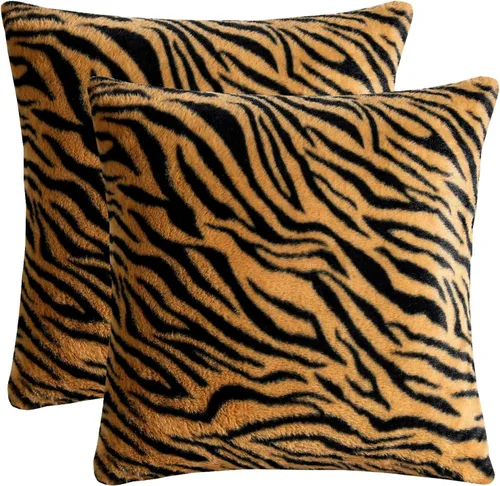 HOSTECCO Tiger Print Pillow Covers 18x18 Inch Set of 2, Brown and Black Faux Fur Pillow Cases, Soft Fluffy Animal Print Square Decorative Throw