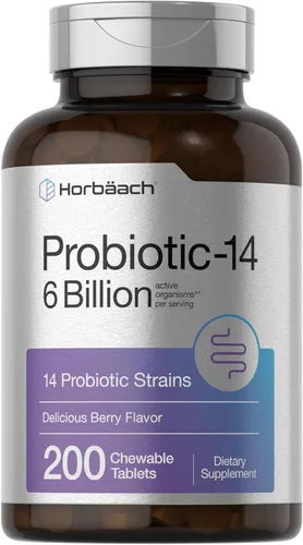 Horbäach Probióticos 6 mil millones de UFC | 200 tabletas masticables | Sabor a bayas | 14 cepas probióticas | Suplemento vegetariano, sin OMG y sin