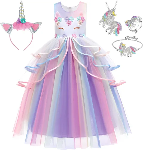 Vestido de princesa unicornio, para niñas pequeñas, disfraz, joyas y diadema