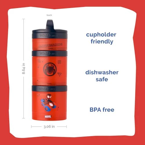 Vista 2 de Whiskware Spider-Man Team Spidey Recipientes apilables para aperitivos para bebés, niños y niños pequeños, 3 vasos apilables para la escuela