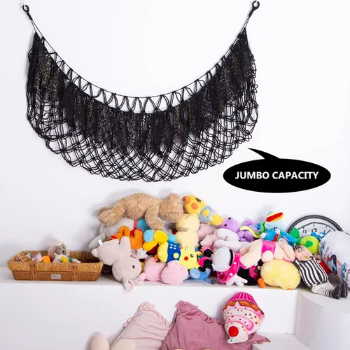Vista 5 de Hamaca grande de animales de peluche con luz montada en la pared, hamaca Squishmallow de peluches, organizador de juguetes, hamaca de macramé Negro