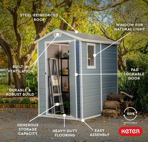Vista 5 de Keter Manor Kit de Cobertizo de Almacenamiento Exterior de Resina 4x6 pies - Perfecto para Almacenar Muebles de Patio, Herramientas de Jardín