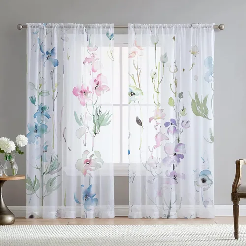 Cortinas de hojas florales Fereyis para sala de estar de 63 pulgadas de largo, juego de 2 paneles, elegantes cortinas azul y rosa con flores de