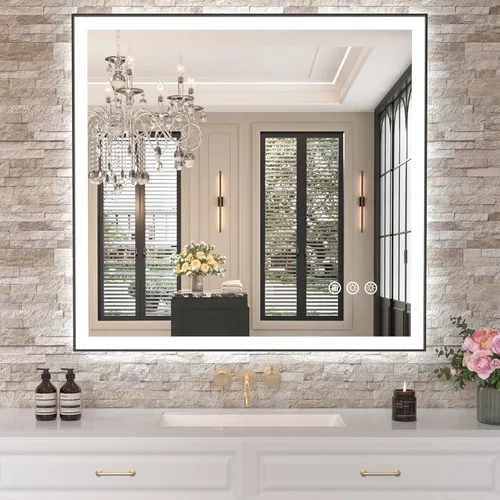 Vista 35 de Amorho Espejo de baño LED de 40 x 36 pulgadas con marco negro, luz frontal y retroiluminación (controlado por separado), regulable continuo