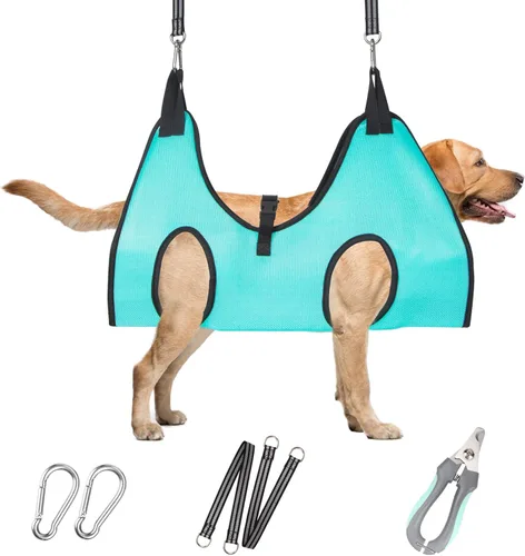 Vista 13 de Hamaca de aseo para mascotas para perros y gatos pequeños – Eslinga para recortar uñas con cortaúñas, lima de uñas y tijeras – Arnés de aseo