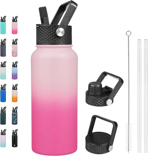 Vista 61 de BJPKPK - Botellas de agua aisladas con tapa de popote, botella de agua de acero inoxidable de 27 onzas con 3 tapas, termo de metal libre de BPA a