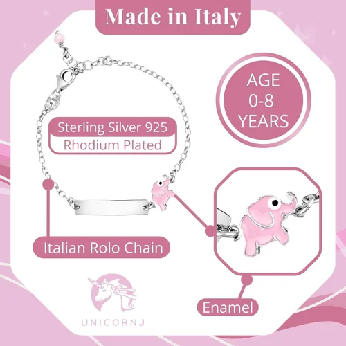 Vista 3 de UNICORNJ Pulsera de plata de ley 925 grabable con cadena Rolo para niñas con esmalte rosa de 6.5 pulgadas