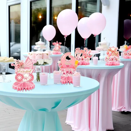 Vista 5 de 9 piezas de decoración rosa para baby shower, centro de mesa de nido de abeja floral, decoración de mesa de anuncio de embarazo para niña