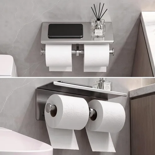 Vista 7 de Soporte de papel higiénico doble de acero inoxidable con estante de almacenamiento para teléfono (gris)