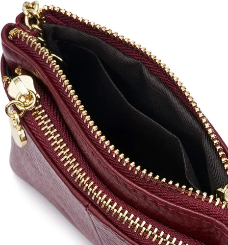 Vista 6 de ZOOEASS Mini monedero con cremallera de cuero genuino para mujer, con llavero con triple cremallera, tarjetero