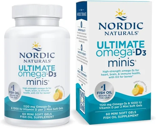 Nordic Naturals Ultimate Omega Mini D3, sabor a limón, 60 mini geles suaves, 1120 mg de omega-3 + 1000 UI de vitamina D3, EPA y DHA, promueve la