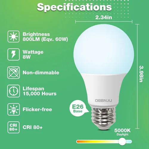 Vista 2 de Bombillas LED A19 DEGNJU, bombillas LED equivalentes a 60 W, luz diurna de 5000 K, 800 lúmenes, base estándar E26, no regulables, bombillas LED