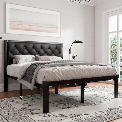 Vista 4 de Feonase Marco de cama de metal tamaño doble con cabecera capitoné de cuero sintético con botones, marco de cama tipo plataforma resistente
