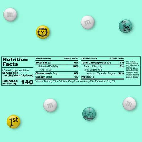 Vista 2 de M&M'S - Caramelo de chocolate con leche para el primer cumpleaños, 2 libras de M&M'S con temática de bebé en aguamarina, amarillo y blanco, caramelo