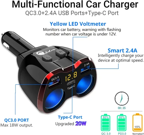 Vista 3 de Cigarette Lighter Splitter QC 3.0, 2-Socket USB C Car Charger Adapter Type C Multi Power Outlet 12V/24V 150W DC with LED Voltmeter Switch Dual USB