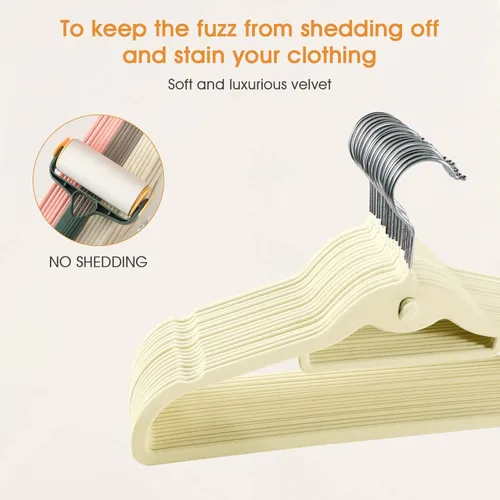 Vista 7 de Perchas de terciopelo para ropa, delgadas, apilables, antideslizantes, color beige, para ahorrar espacio, perchas resistentes para adultos
