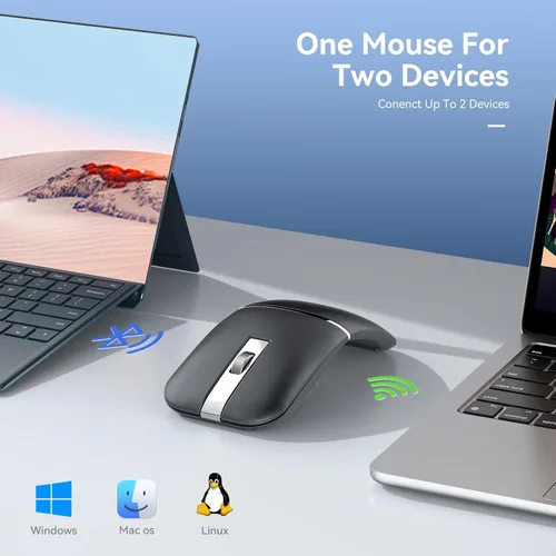 Vista 4 de Ratón de viaje Bluetooth plegable, inalámbrico giratorio, recargable de 2.4 G con receptor USB, compatible con computadora, laptop, portátil, PC