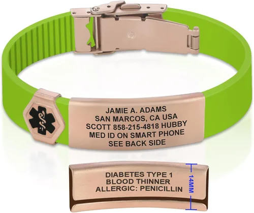 Vista 224 de Divoti Pulsera de identificación de alerta médica grabada personalizada, grabado láser de doble cara, pulsera de silicona, cierre de seguridad