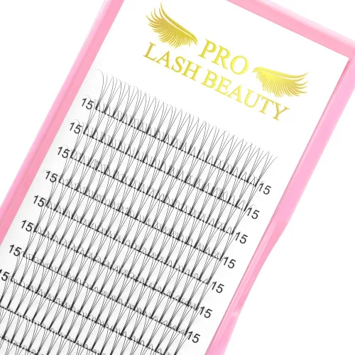 Vista 14 de Extensiones de pestañas postizas de volumen prefabricadas 3D-C-0.07-10 con tallo corto, extensiones de pestañas postizas en abanico prefabricadas 9