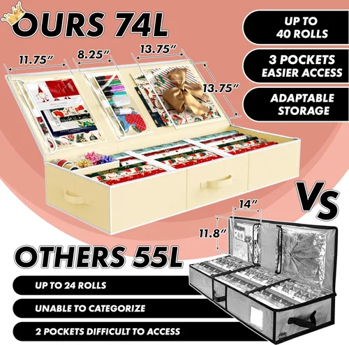 Vista 5 de Simple Houseware Organizador de almacenamiento de papel de regalo de 41.5 pulgadas, se adapta a 40 rollos con correas ajustables, divisor