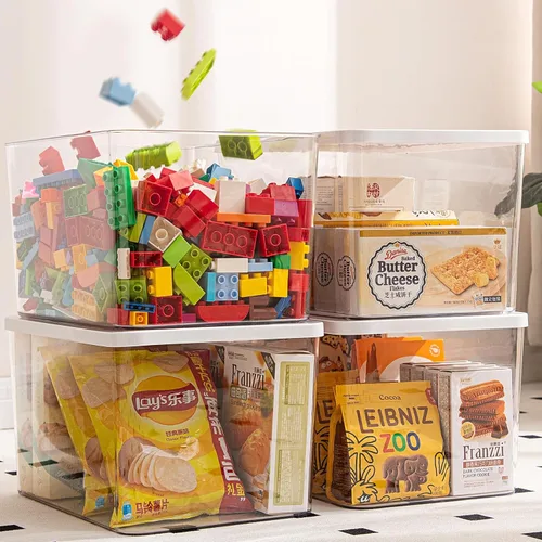 Vista 8 de Contenedores de almacenamiento de plástico transparente con tapas, contenedores de almacenamiento para aperitivos, cosméticos, libros, comida