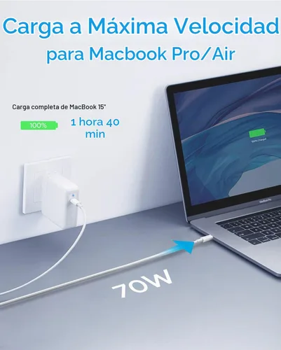 Vista 3 de Cargador Mac Book Pro, adaptador de corriente de cargador USB C de 70 W para MacBook Pro/Air de 13/14 pulgadas, para MacBook de 12 pulgadas, incluye
